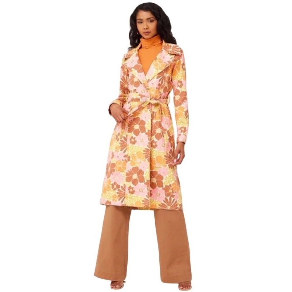 Show Me Your Mumu Nancy Trench Coat Retro Garden Floral Orange Pink Brown Small